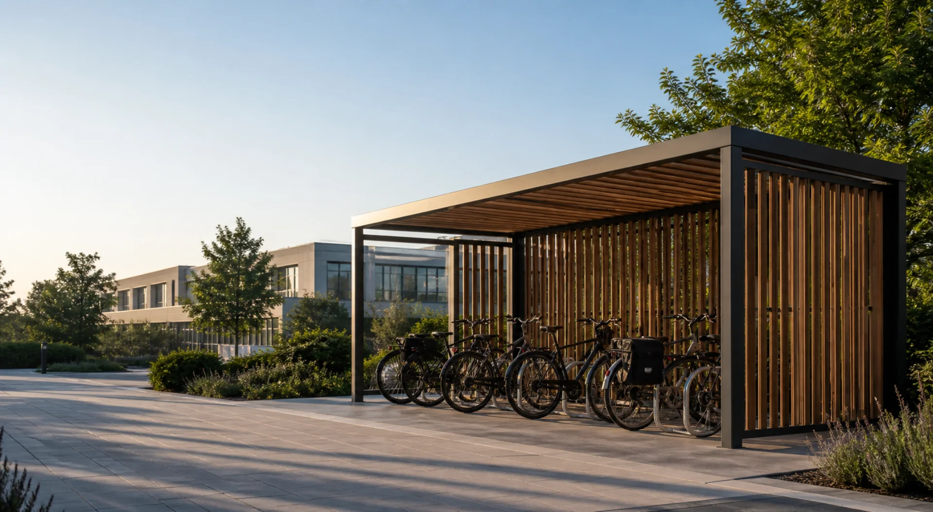 Illustration éditoriale d'un abri vélo professionnel installé devant un site d'entreprise